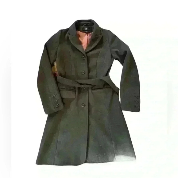H&M Jackets & Blazers - H&M Women’s Grey Belted Mid Length Coat Buttons Belt Lined Warm Pet free